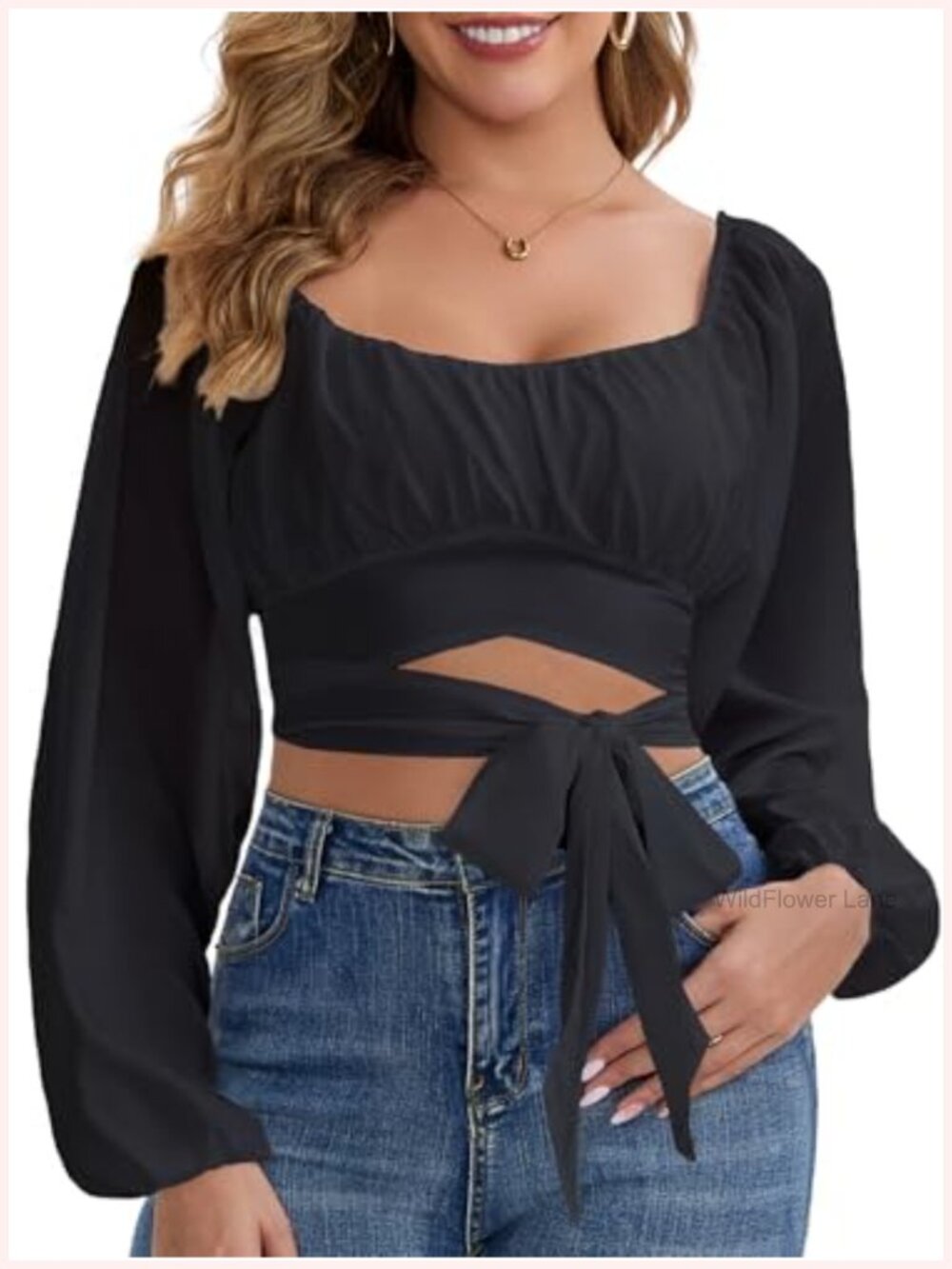 Ruched Wrap Square Neck Flounce Long Sleeve Self Tie Crop Top Blouse